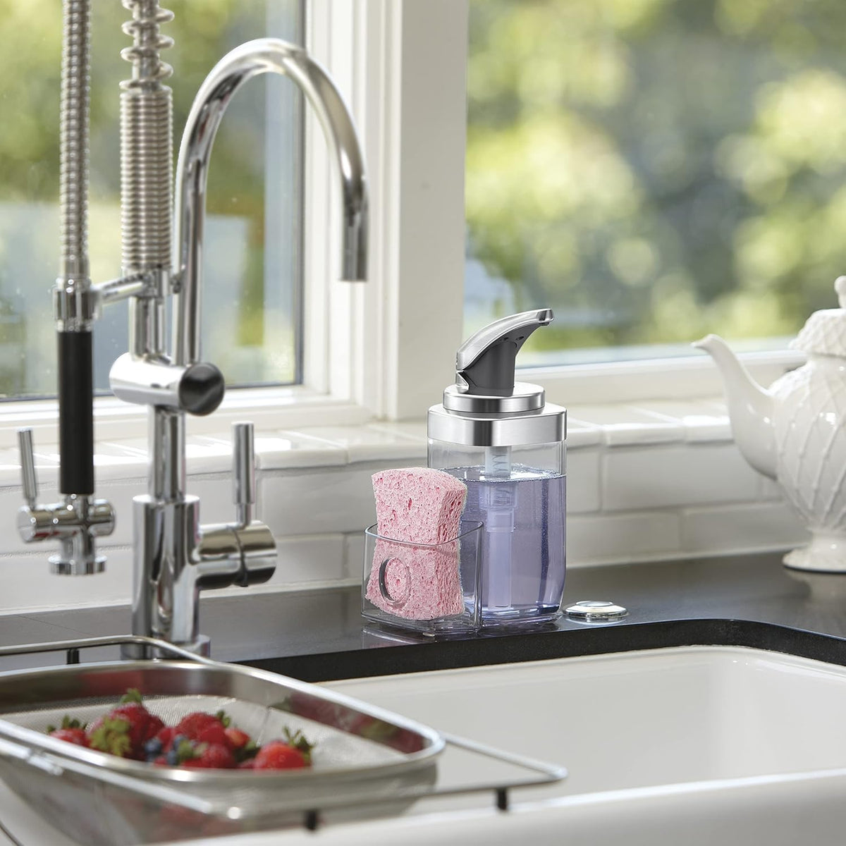 Square Push Pump Soap Dispenser with Sponge Caddy Brushed Nickel 650ml