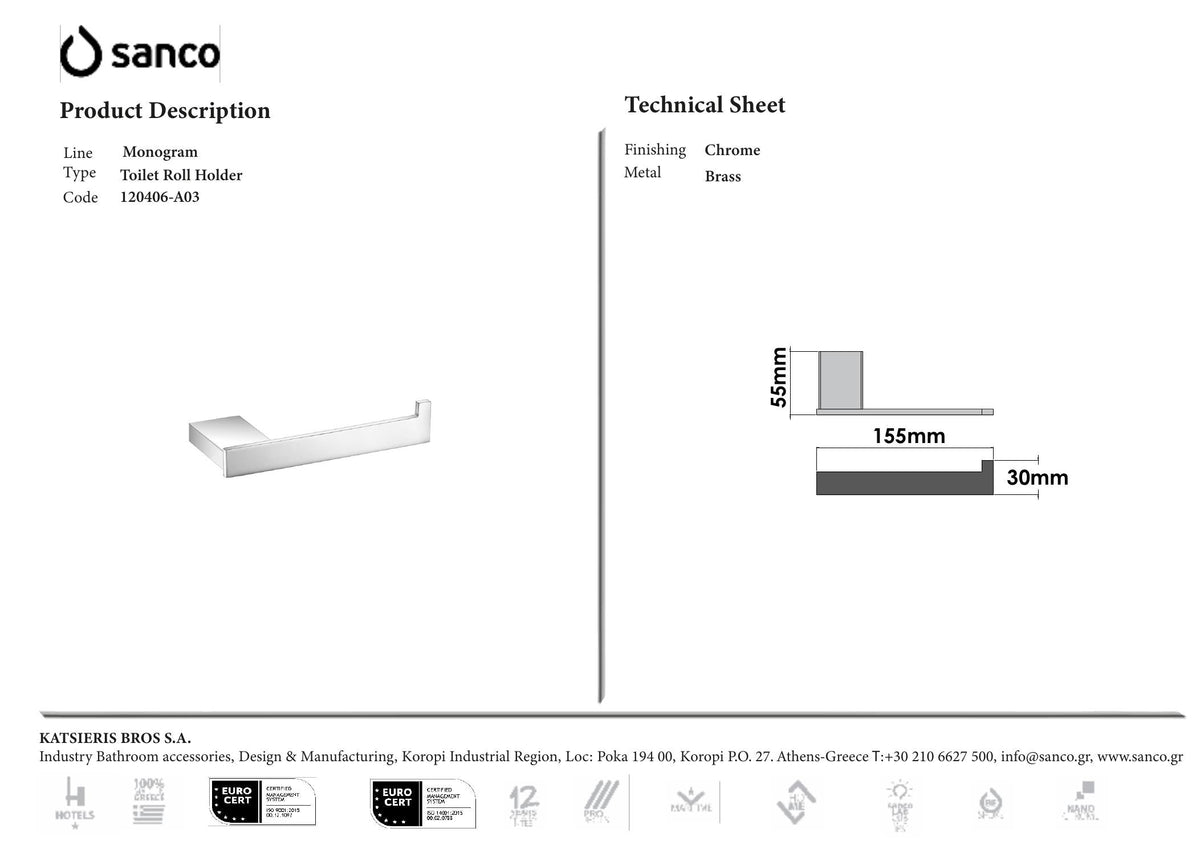 SANCO MONOGRAM TOILET ROLL HOLDER technical drawing and dimensions